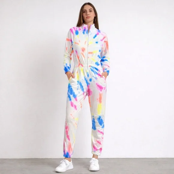 Lezat Multicolor Tie Dye Zip Front Fleece Jumpsuit Large Cozy Athleisure NWT - Picture 1 of 7